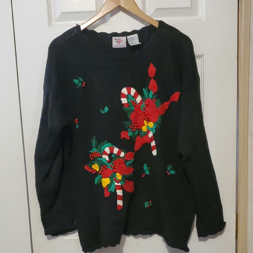 Nut Cracker Large Festive Black Sweater Scalloped Neck Holiday Embroidery Ugly